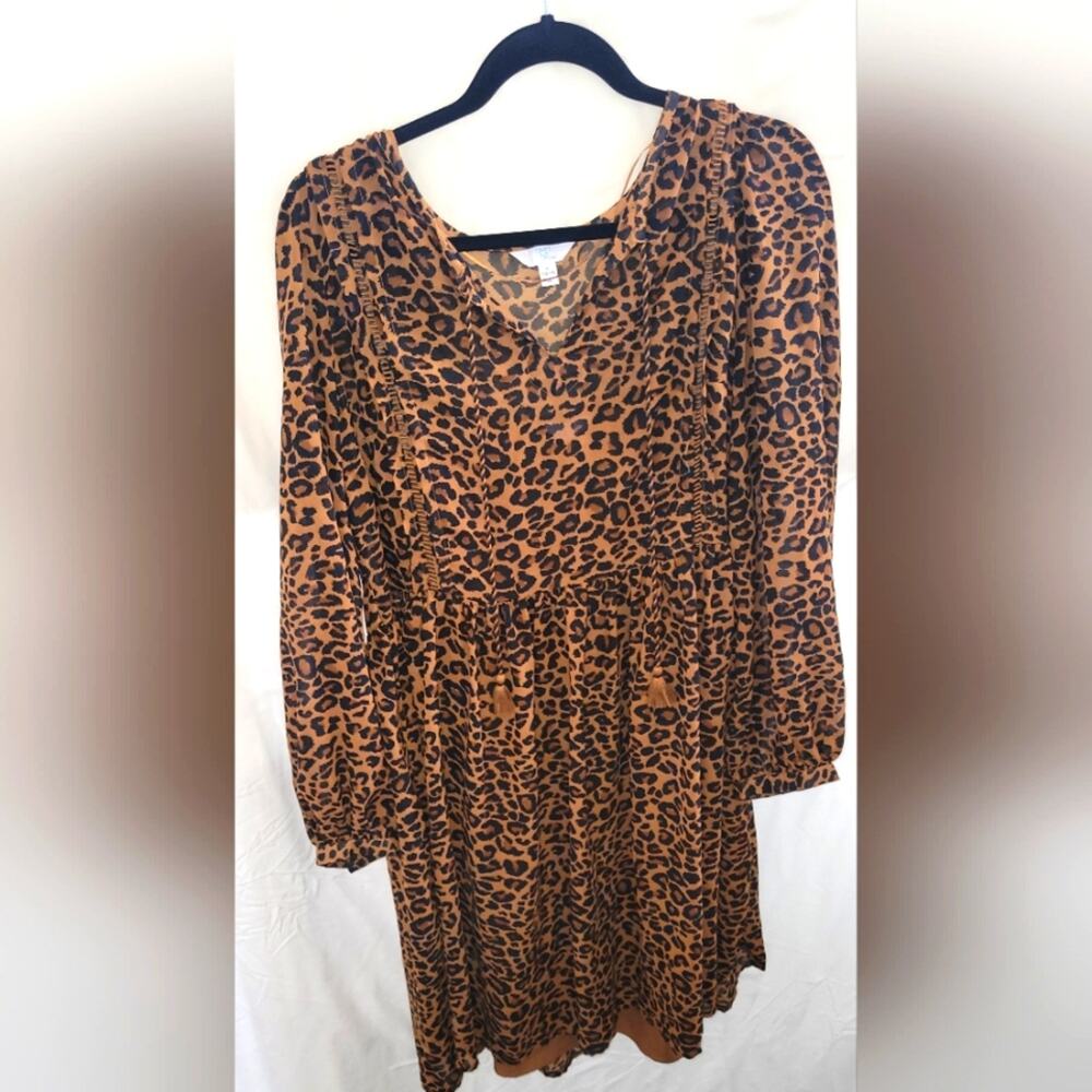 Time and True Long Sleeve Leopard Print Peasant Dress Size Large
